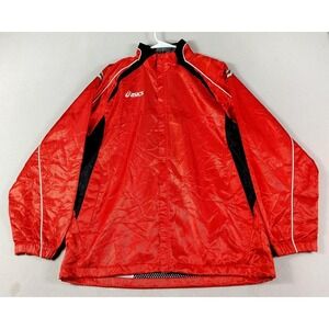 ASICS Jacket Mens XL Red Black Hooded Full Zip Running Track Windbreaker